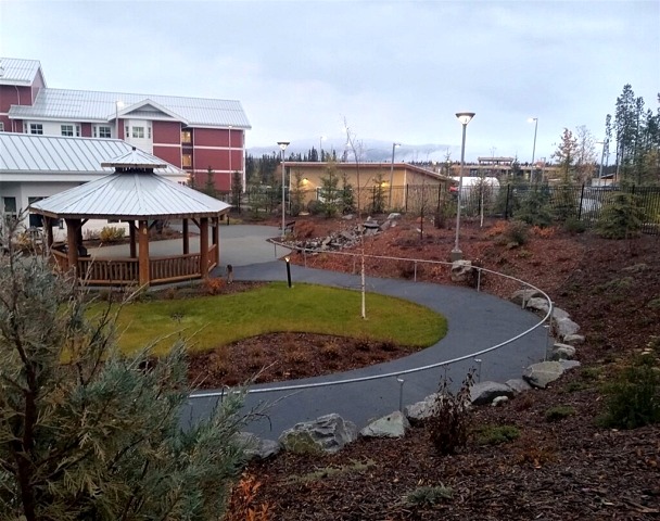 gazebo, water feature, planting on slope